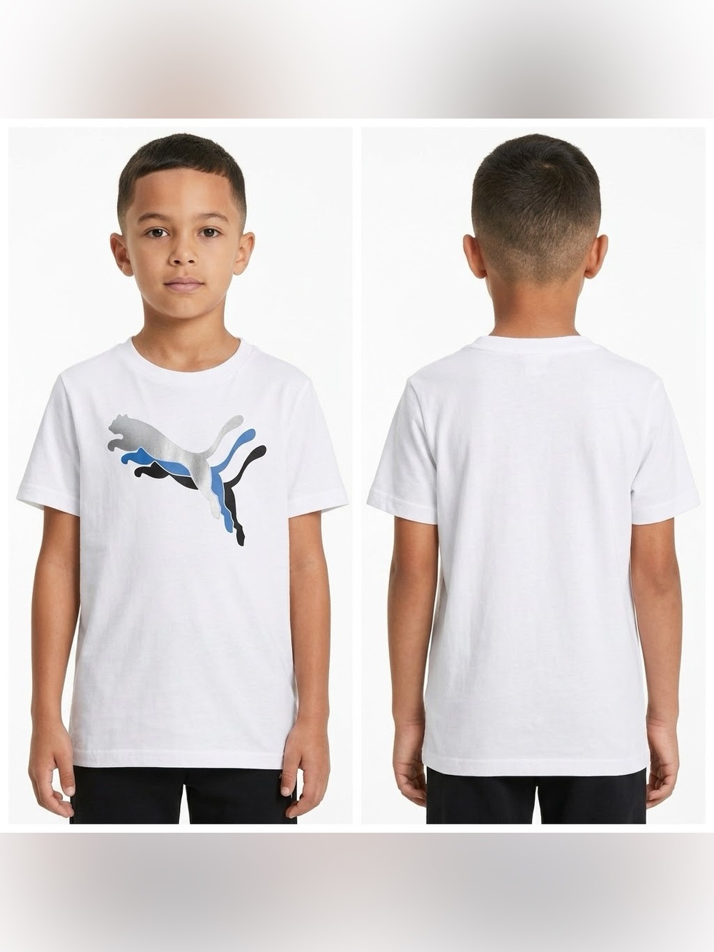 Puma Boys White Graphic Tee with Metallic Silver & Blue Cat Logo Size S (7/8)